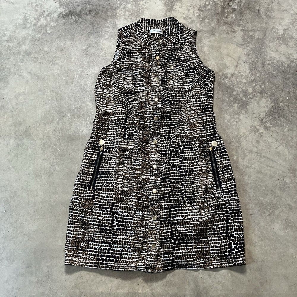 Calvin Klein Dress Womens Size 6 Tan Snake Print Sleeveless Mock Neck Pockets
